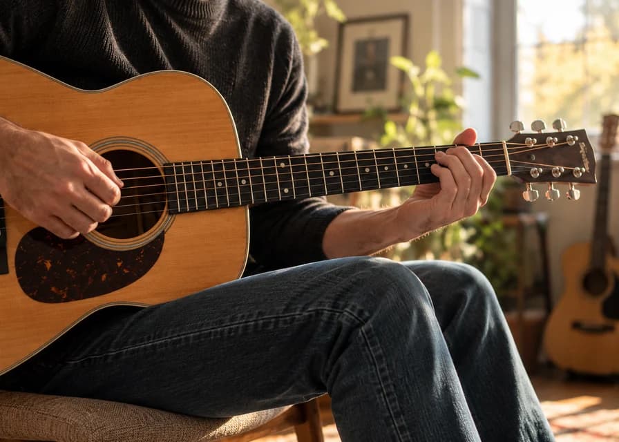 Hands playing an acoustic guitar in a sunlit practice room